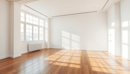 Bright empty room with large windows casting geometric shadows on polished wooden floor