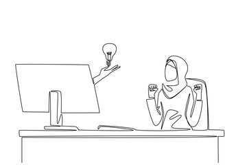 Single one line drawing hands out of the monitor screen while holding a bulb lamp. Inspiration comes suddenly. Exhilarating. Cheering. Things from Screen. Continuous line design graphic illustration