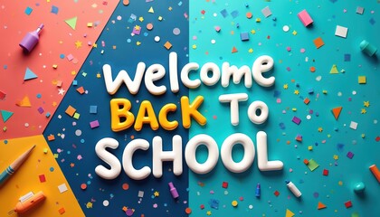 Celebrate return to school with festive graphics featuring Welcome Back to School in bold 3D lettering. Colorful confetti, stars, school supplies like pencils, glue bottles adorn split blue, pink
