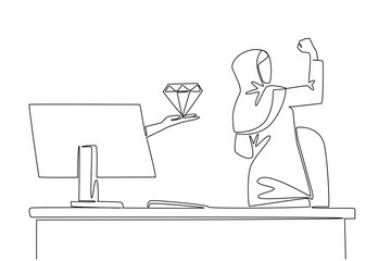 Single one line drawing hands out of the monitor screen while holding a diamond. A luxurious surprise resulting from hard work. Happy. Things from Screen. Continuous line design graphic illustration
