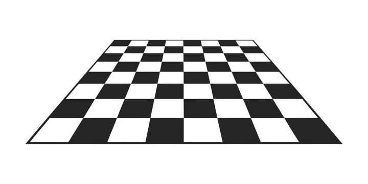 Empty perspective chessboard with black and white squares pattern in isometric view, vector tiled floor texture for game background or strategic board design illustration