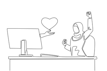 Single continuous line drawing hands out of monitor screen while holding love. Late to build love for business. Success that goes hand in hand. Things from Screen. One line design vector illustration