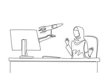Continuous one line drawing hands out of the monitor screen while holding a  rocket. The hard worker who perseveres until she succeeds. Things from Screen. Single line draw design vector illustration