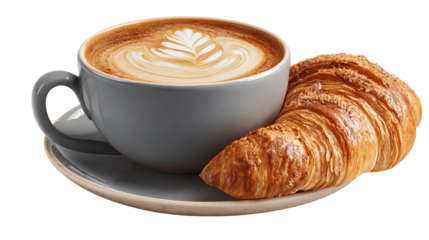 cup of coffee and croissant isolated on transparent white background