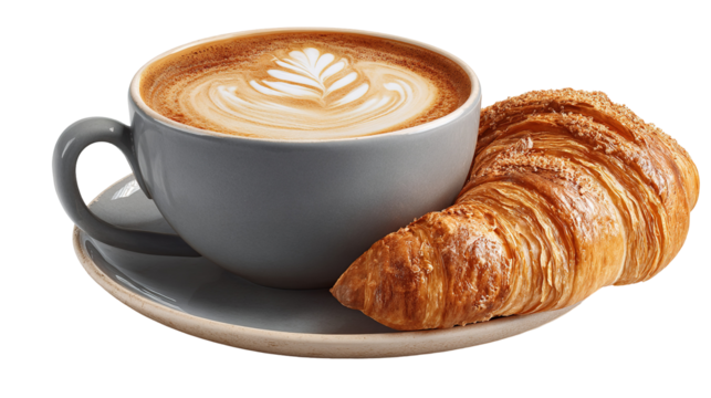 cup of coffee and croissant isolated on transparent white background
