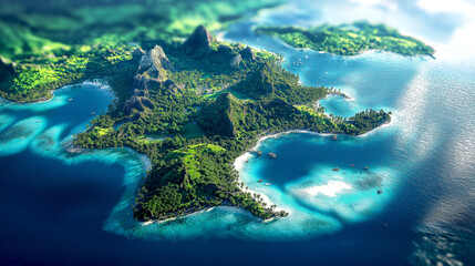 Stunning aerial view of Bora Bora island, French Polynesia, showcasing the iconic mount Otemanu, turquoise lagoon, green environment. ideal place for relaxation or vacation