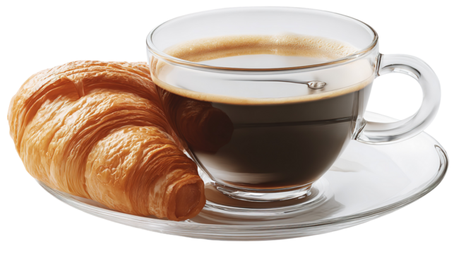 cup of coffee and croissant isolated on transparent white background