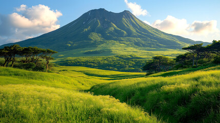 Panorama view of Aso volcano highland mountain landscape in Summer at in Kumamoto Prefecture, Kyushu, Japan.