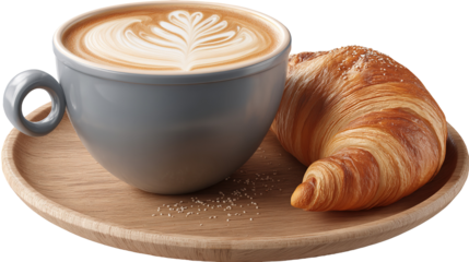cup of coffee and croissant isolated on transparent white background