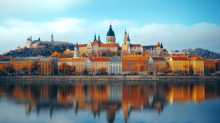 Obraz premium Historic Budapest Skyline Buda Castle Hill Panorama with Riverfront on Danube river in autumn Hungary reflection in the water