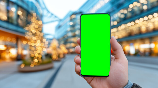 Green Screen of Hand Holding Smartphone with Empty Screen in Modern Shopping Area with Christmas Decorations - Powered by Adobe