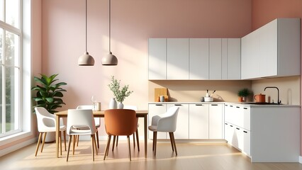Fototapeta premium Modern pink wall Scandinavian kitchen interior with white cabinets, wooden dining table, chairs and natural lighting