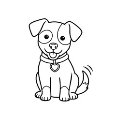 Fototapeta premium Cute happy cartoon dog sitting with wagging tail and heart-shaped tag on collar in black and white line art