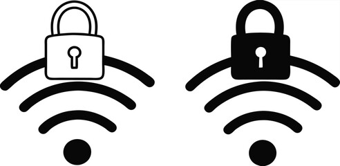 Wi Fi Icons. Black and White Vector Illustrations. Padlock and Wi Fi Internet. Protecting Wireless Network from Unauthorized Access. Concept Password and Data Security

