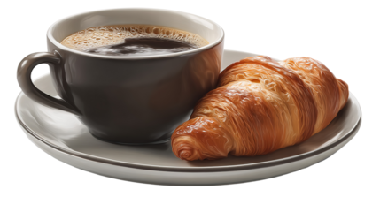 cup of coffee and croissant isolated on transparent white background