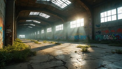 Sunlight streams through broken skylights of vast abandoned industrial warehouse interior. Graffiti adorns decaying concrete walls, weathered structure. Overgrown vegetation pushes through cracked