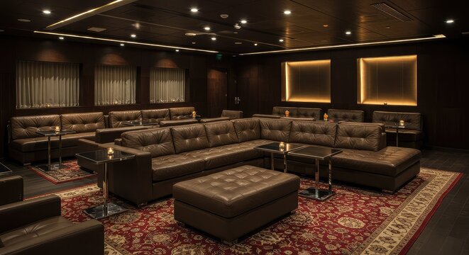 Luxurious lounge seating arrangement with plush leather sofas, elegant lighting, and sophisticated decor creating an inviting atmosphere for relaxation and conversation.