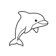 Simple black and white line drawing of a dolphin facing right with a curved body and smiling expression