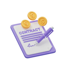 A 3D rendered image depicts a contract document, pen, and golden coins. Isolated on a Transparent Background, PNG, Cutout