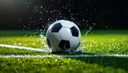 Naklejka premium Soccer ball on wet grass with water splashing around it.