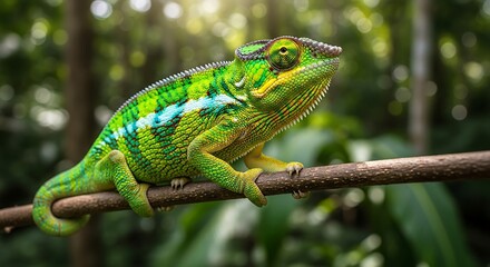 Vibrant chameleon perched on a branch.