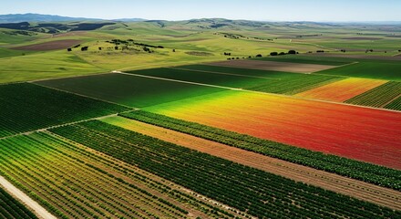 Fototapeta premium Scenic Aerial View of Colorful Fields and Rolling Hills Landscape