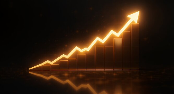 Golden Ascending Bar Graph with Glowing Arrow Success, Growth, and Financial Progress Visualization.