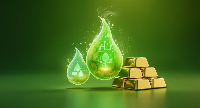Green Energy, Gold Bars, Sustainable Investment, Eco-Friendly Concept, Abstract Illustration