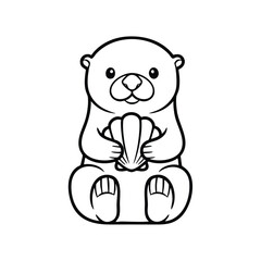 Naklejka premium Cute cartoon-style otter holding a seashell sitting upright with a friendly and simple black line drawing design