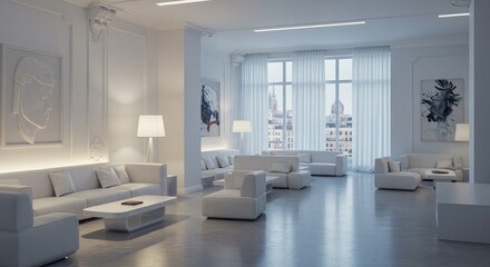 Fototapeta premium Stunning modern minimalist living room with plush white sofas, contemporary art, and expansive city views through floor-to-ceiling windows, perfect for luxury real estate and elegant interiors.