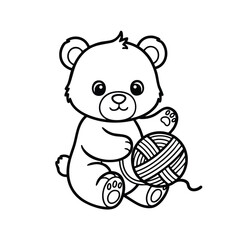 Obraz premium Cute cartoon teddy bear sitting and playing with a ball of yarn in a simple black and white line art style