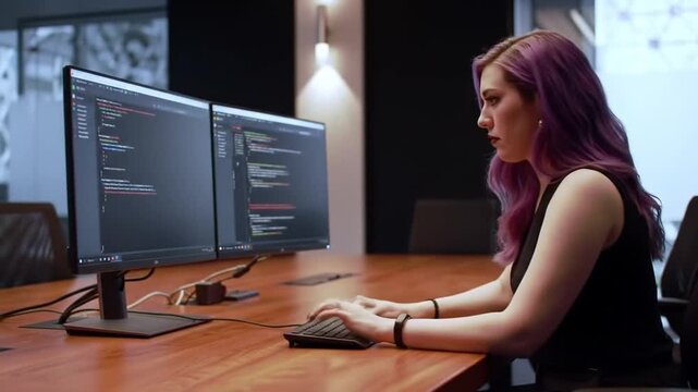 Young woman with purple hair works at a computer in a modern office space effectively