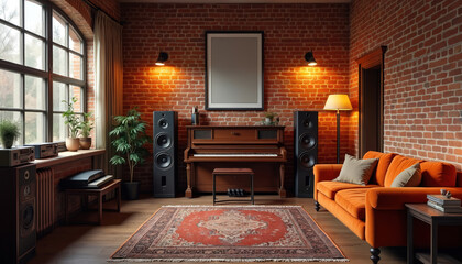 Vintage living room scene featuring exposed brick walls, grand piano, vibrant orange couch. Large windows flood space with natural light, warm tones of brick, wooden floor. Decorative rug, audio