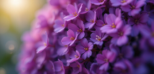 Dreamy Macro Photography of Purple Flowers with Golden Sunlight