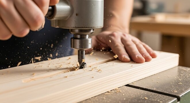 Carpenter using a drill press on wood plank.