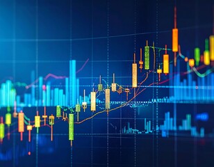 Stock market data visualization. Colorful charts and graphs showing market trends on a dark screen
