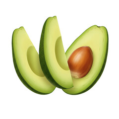 Digital illustration showing three slices of green avocado, one with a seed, Isolated on a Transparent Background, PNG, Cutout