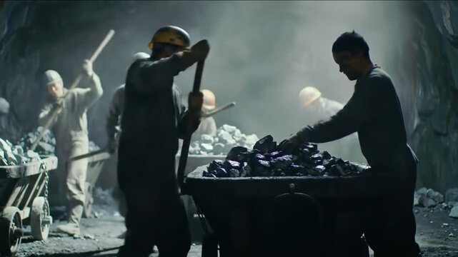Men hard working shoveling and transporting coal in a dark underground mine