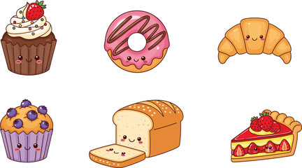 Cute kawaii cartoon bakery collection featuring smiling cupcake, donut, croissant, blueberry muffin, sliced bread, and strawberry pie, adorable dessert illustrations, sweet food art