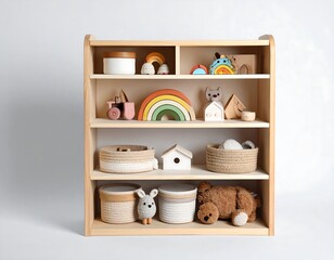Wooden toy shelves with assorted wooden toys