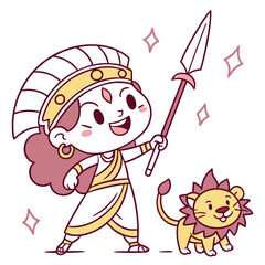 Cute goddess durga with lion cartoon