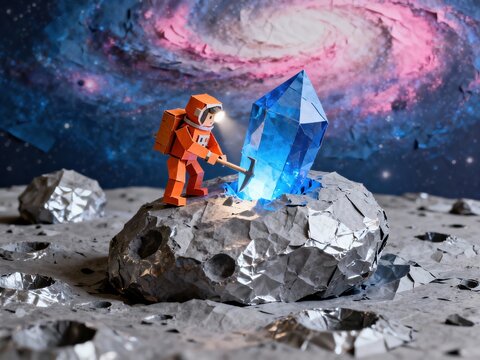 Creative voxel art astronaut mining a large blue crystal on the moon with a colorful galaxy in the background, sci-fi space exploration scene