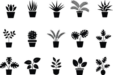 Minimalist black plant icons, potted houseplants silhouettes, indoor greenery vector art, botanical illustrations, decorative plants, nature symbols, simple plant designs.