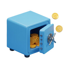 A blue safe with an open door, filled with gold coins, and two floating coins nearby. Isolated on a Transparent Background, PNG, Cutout