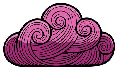 Pink cloud illustration design with curly swirls, black outlines, and a comic art style, vector