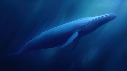 Majestic Blue Whale Underwater Scene with Soft Light and Serene Atmosphere in Deep Ocean Environment