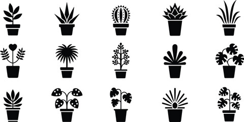 Minimalist black plant icons, potted houseplants, indoor greenery silhouettes, botanical illustrations, nature symbols, decorative garden plants, simple vector design.