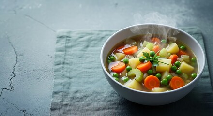 Steaming vegetable soup in a white bowl on a textured background