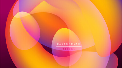 Abstract vibrant shapes overlap, creating warm color gradients. Background is black, design features orange, pink hues.
