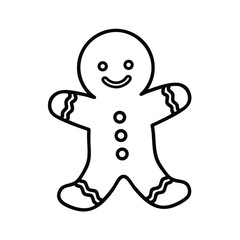 Black and white line drawing of a smiling gingerbread man cookie with decorative icing on arms and legs